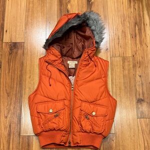 Paris Blues Brunt Orange Puffer Vest with Faux Fur Trim Hoodie